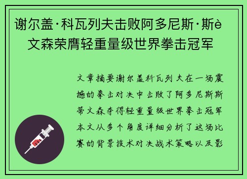谢尔盖·科瓦列夫击败阿多尼斯·斯蒂文森荣膺轻重量级世界拳击冠军
