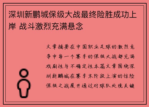 深圳新鹏城保级大战最终险胜成功上岸 战斗激烈充满悬念